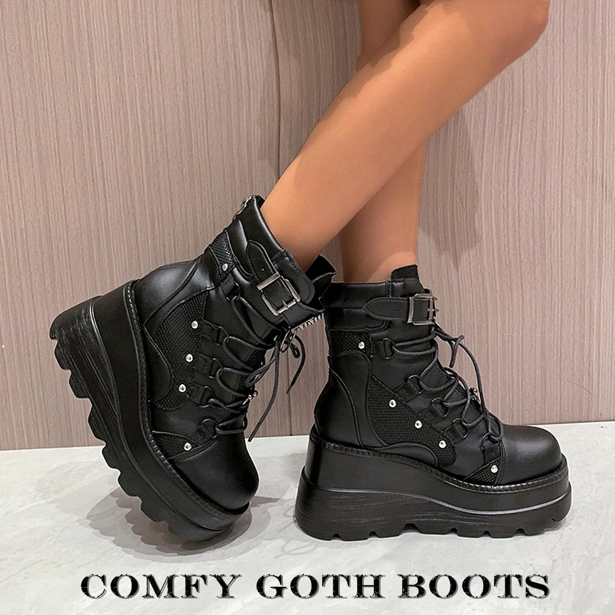 Gothniero Donne Combattimento Stivali Moto Nero Piattaforma Chunky Caviglia Moto Festival Rave Goth Stivali per le Donne Punk emo Scarpe con Catene Metalliche Lato Cerniera Punta Rotonda 36-43