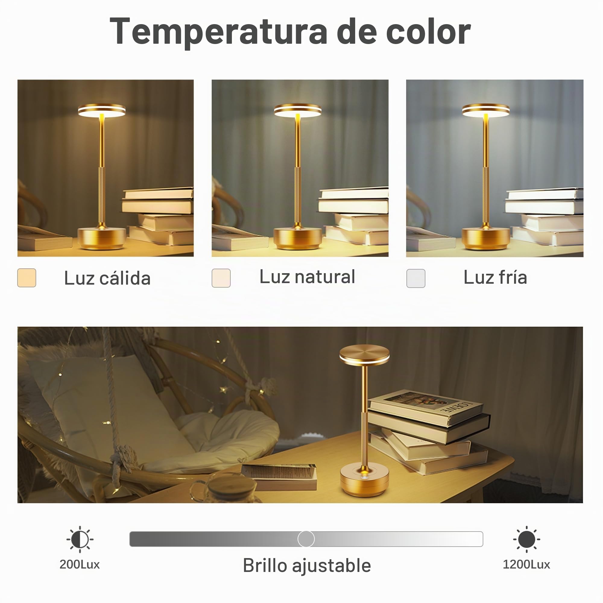 Lampara de Mesa LED Recargable, Lámpara sin Cable con 5000mAh Bateria IP54 | Hapfish Lamparas Escritorio Inalambrica, Lámpara de mesita Noche, Portatil y Impermeable, Para Jardin Comedor 2 Dorado