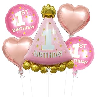 Rozi Decoration First Birthday Decoration for Baby Girl Set of 5 Pcs | Happy Birthday Decoration Kit for 1 Year Girl | 1st Birthday Foil Balloon for Baby Girl | Princess Theme Birthday Decor