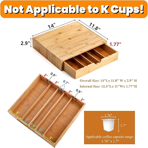 Miniatura 3 de Peohud Cajón de cápsulas de café de bambú, soporte para cápsulas de café expreso con 5 compartimentos ajustables, organizador de almacenamiento para