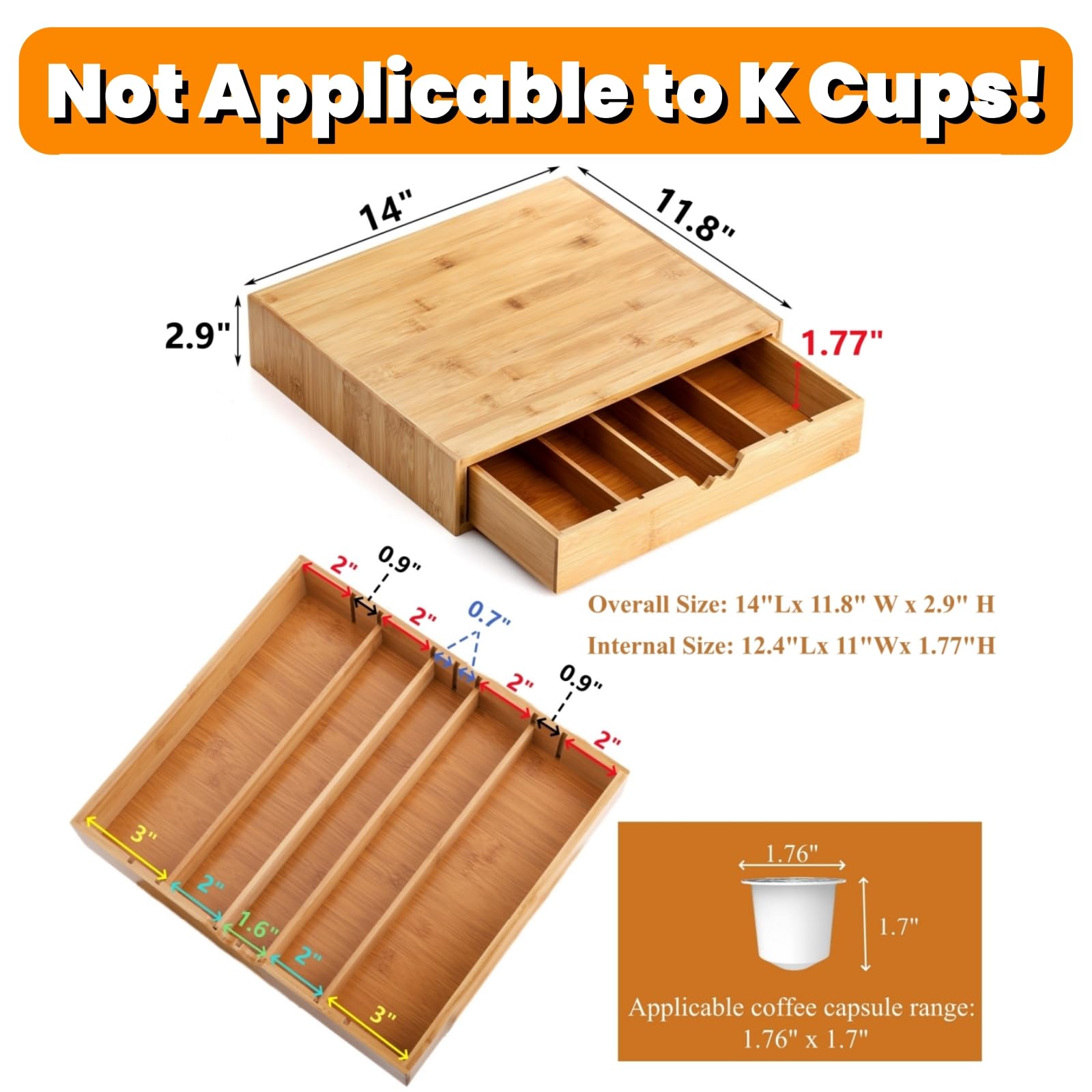 HomeZone Bamboo Coffee Pod Holder Compatible with Popular Coffee Brands for 18 Capsules, Espresso Station Accessories Sliding Display Unit