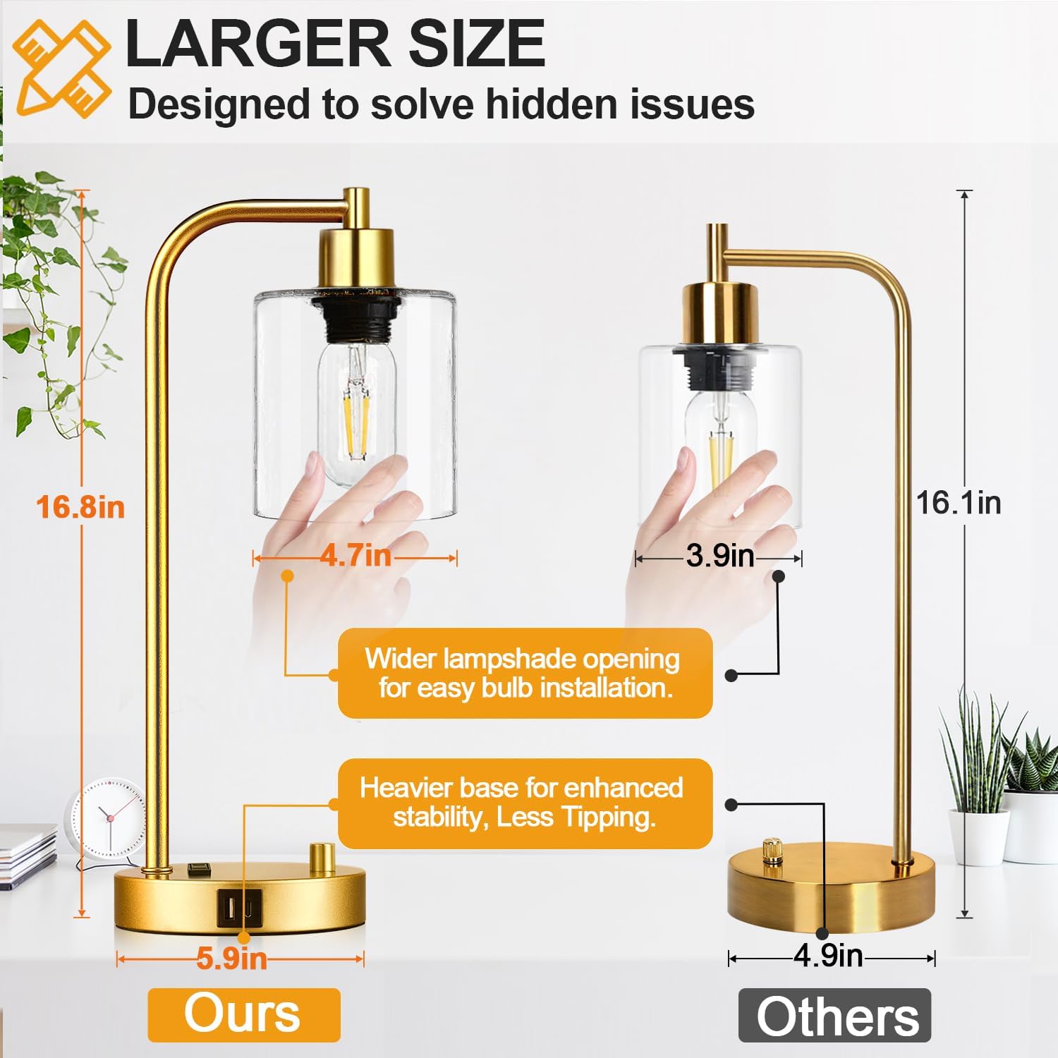 Lynnoland Set of 2 Industrial Table Lamps with USB Port, Gold Fully Stepless Dimmable Bedside Lamps for bedrooms, Nightstand Desk Lamp with Clear Glass Shade for Reading Living Room Office 2 LED Bulb