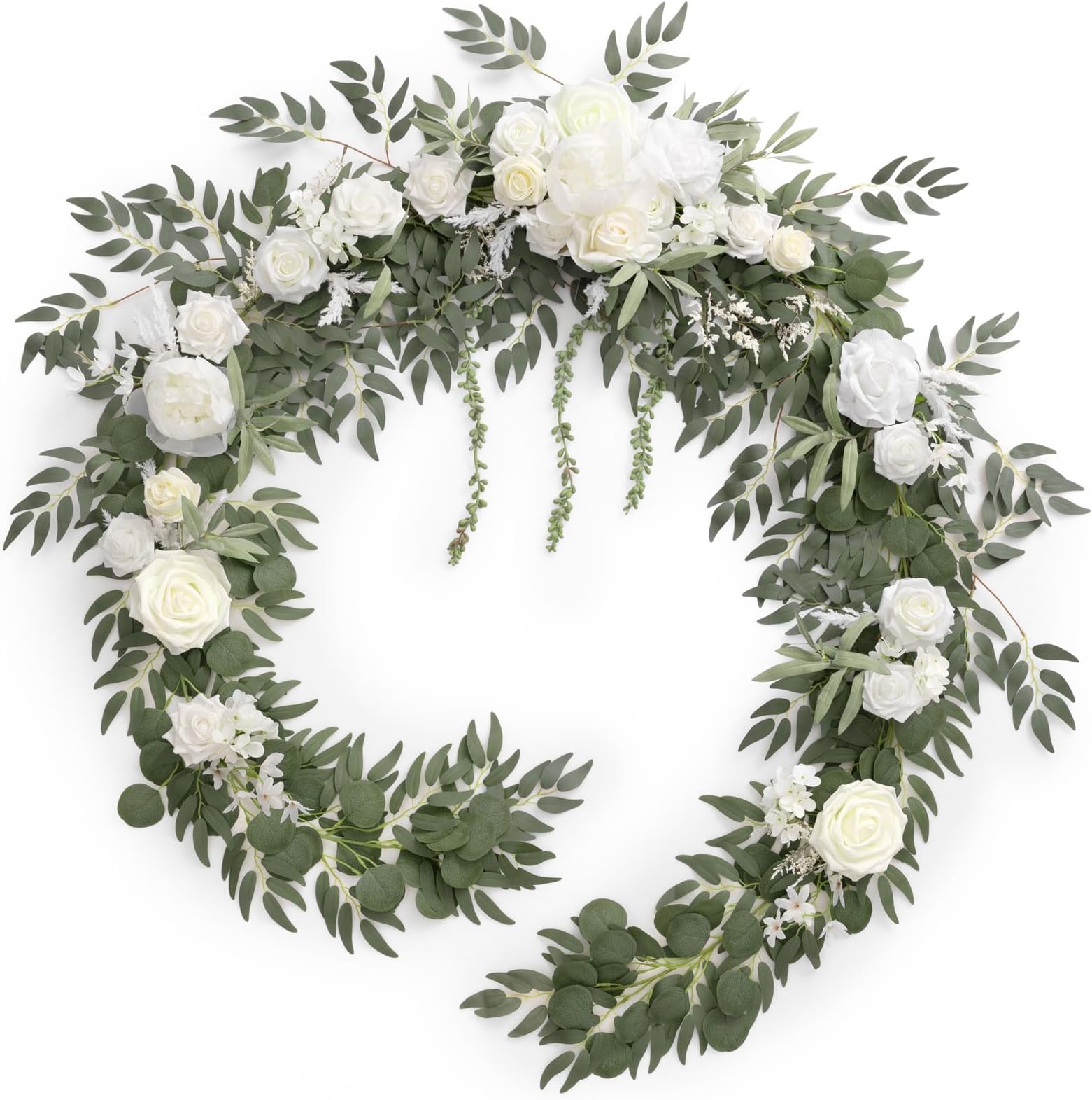 Ling's moment 9FT Spring Flower Garland for Backdrop Decorations - Wedding Arch Flowers, Eucalyptus & Rose, Artificial Floral Garland for Mantel - Sweetheart Table Decor for Reception, White & Sage