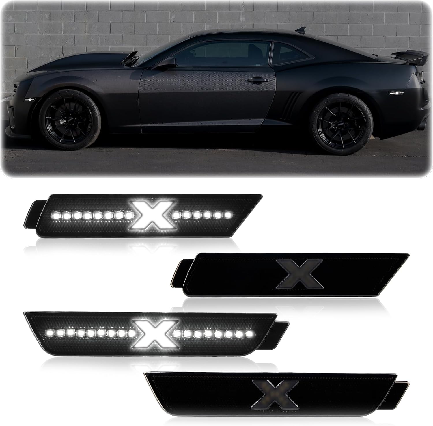 POPMOTORZ LED Side Marker Lights Compatible With 2010 2011 2012 2013 2014 2015 Chevy Camaro Front Rear Fender White LED Side Markers Lamps Side Bumper Lights Smoked Lens 4PCS
