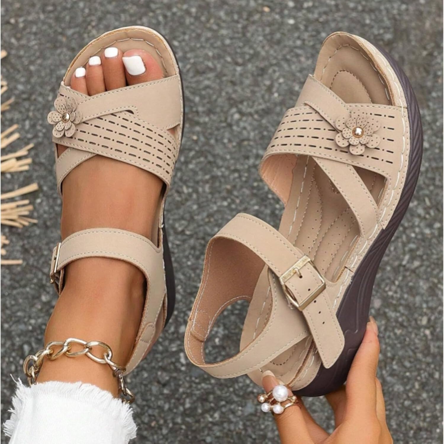 Orthopedic Sandals for Women 2026 Summer Dressy Strappy Wedge with Arch Support, Open Toe Ankle Strap Flat Sandals for Wide Width Comfortable Walking - Image 3