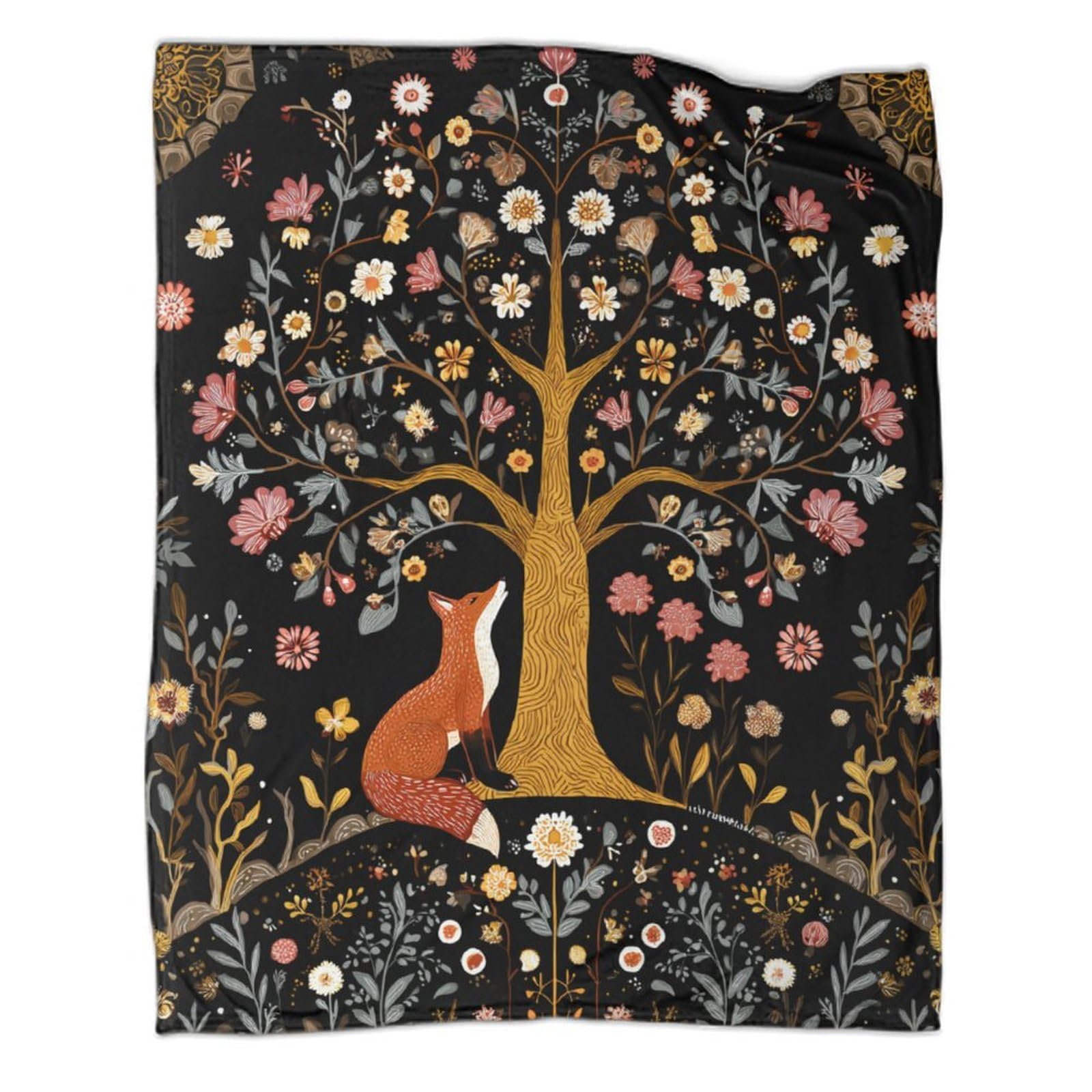 kaiyun Medieval Style, Fox, Tree of Life Throws,Soft And Warm Printed Flannel for Bed And Sofa 60x80inch(150x200cm)