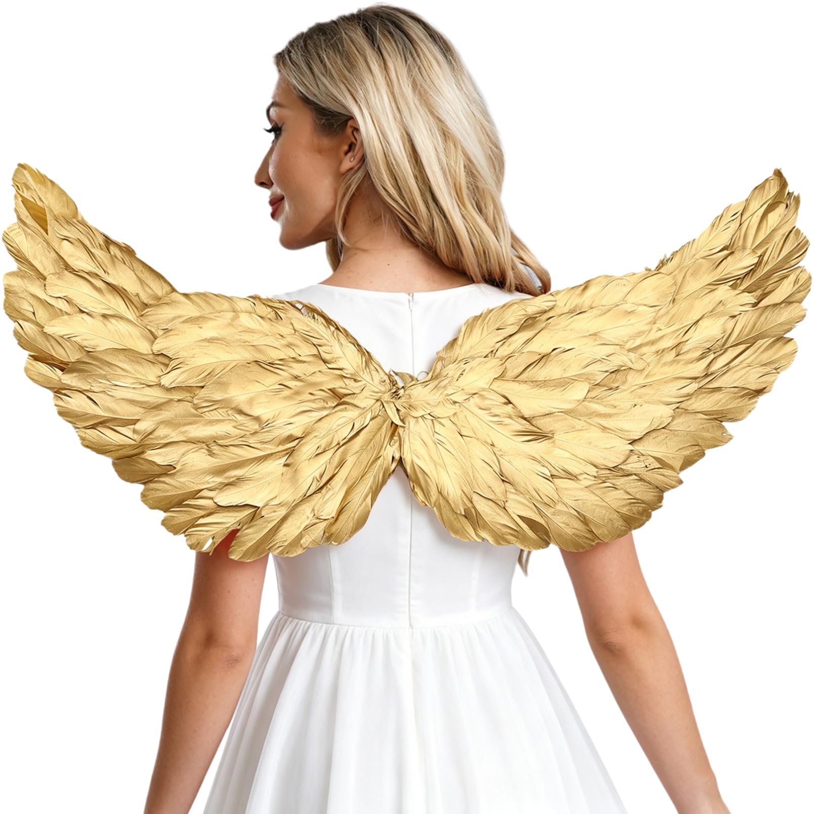 inhzoy Metallic Shiny Angel Feather Wings Christmas Angel Wing Party Costume Wings Halloween Masquerade Accessories Gold L