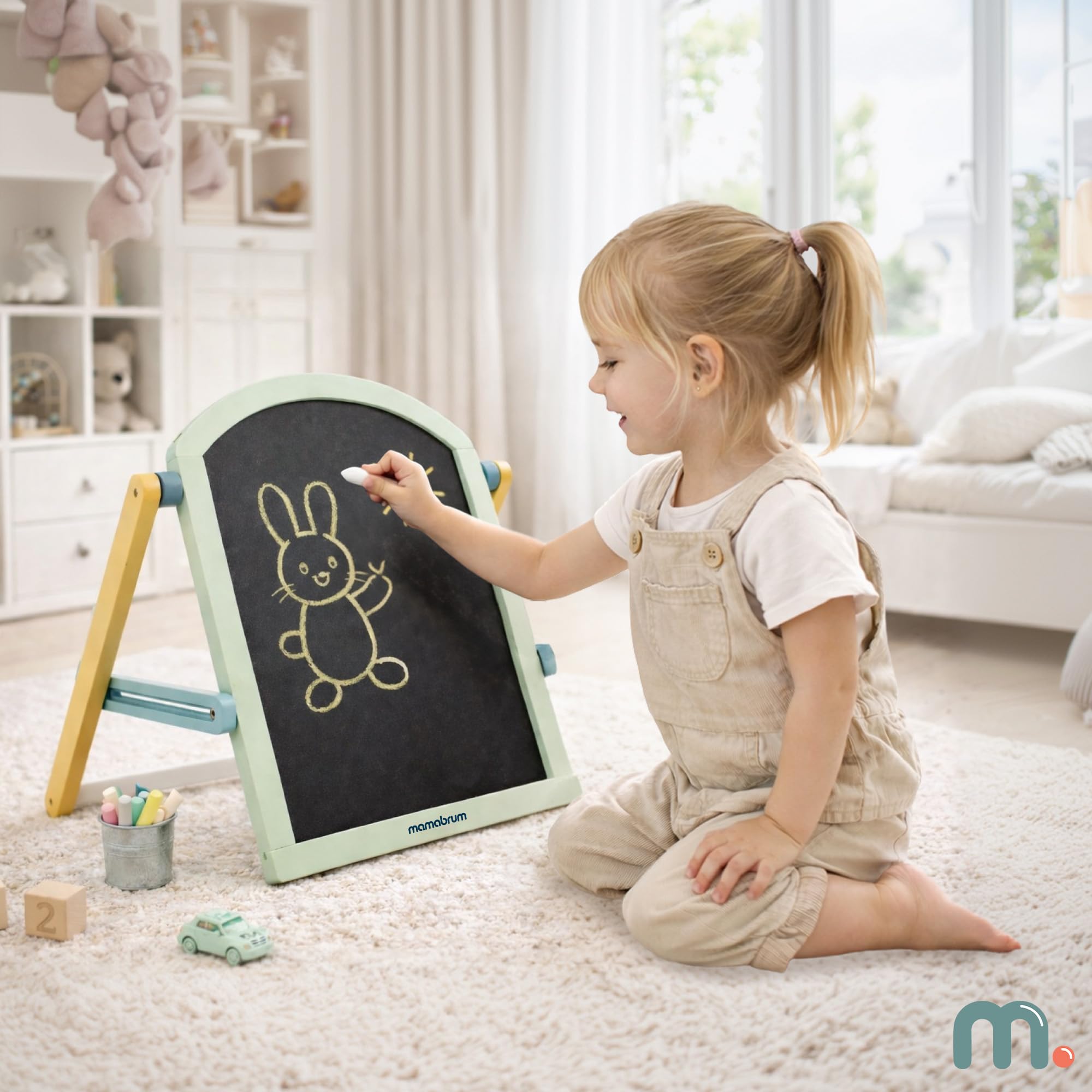 Mamabrum Doppelseitige Kinder Holztafel 2in1 Magnettafel Kreidetafel mit Ständer klappbar Lerntafel mit Zubehör zum Schreiben Malen für Kinder ab 3 Jahren