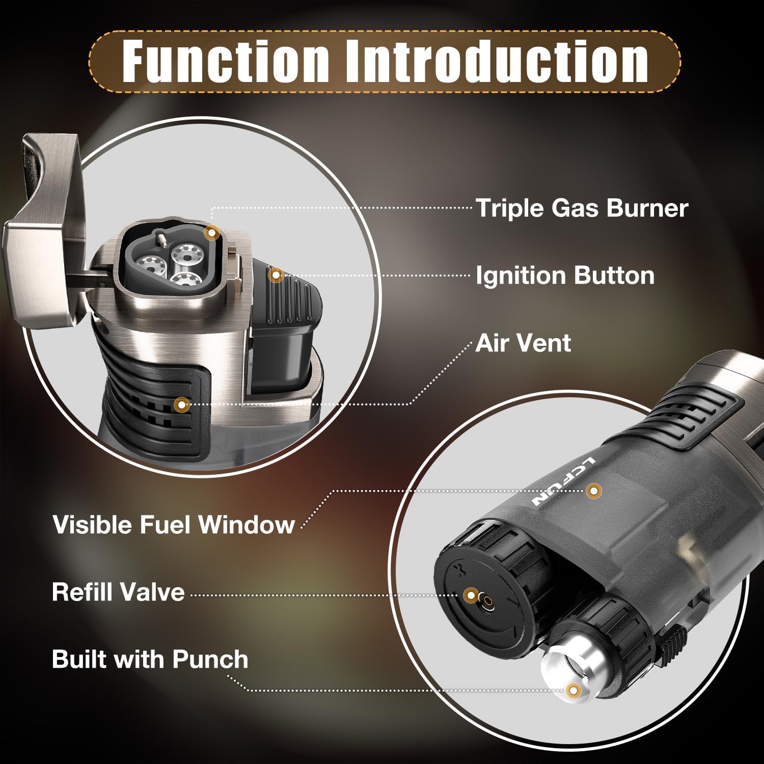 Diagram showing the key components of the LcFun torch lighter: Triple Gas Burner, Ignition Button, Air Vent, Visible Fuel Window, Refill Valve, and Built with Punch.