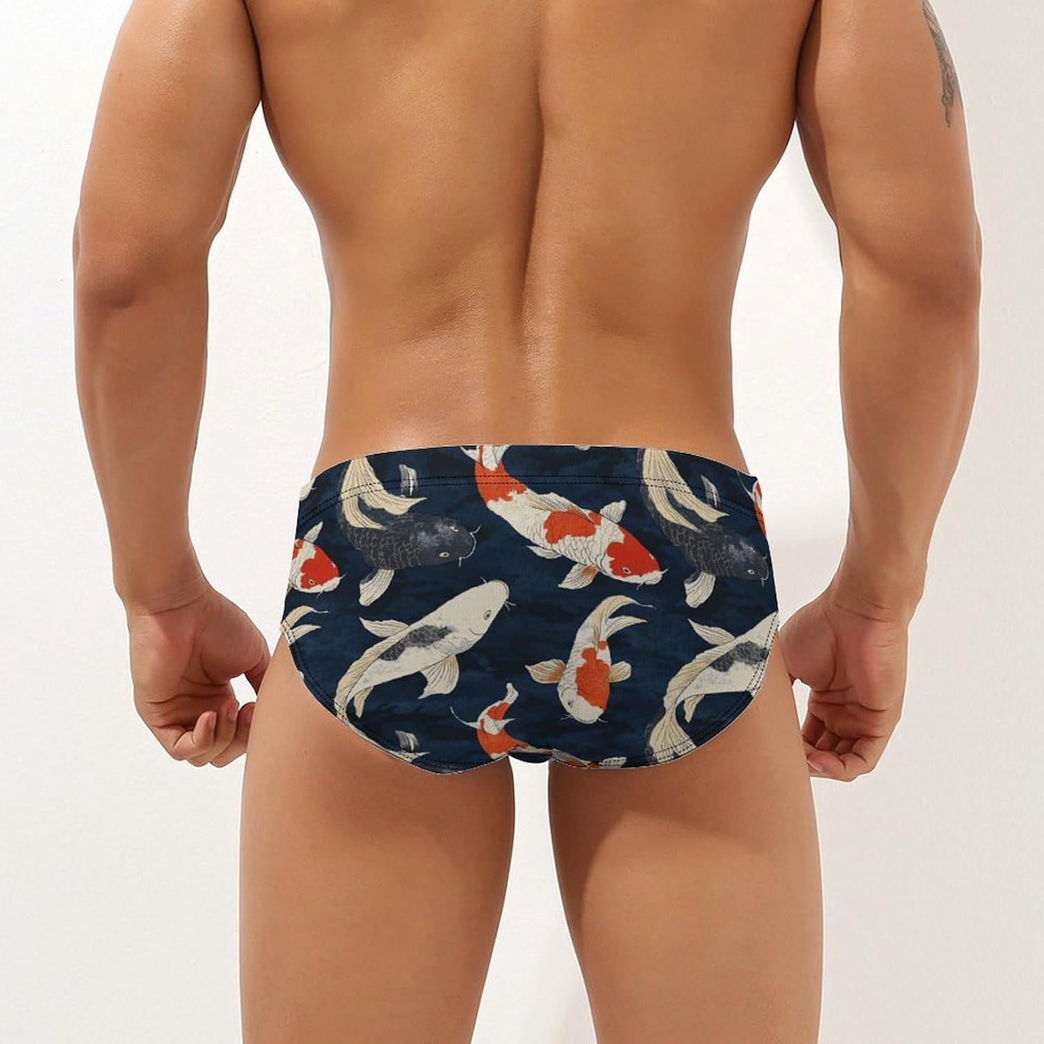 Japanese Fish Black White Red Mens Swim Briefs Print Bikini Swimwear Sport Swimsuit Surf Shorts Trunks