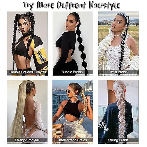 Miniatura 6 de Extensiones de cabello trenzado de 32 pulgadas de largo, cola de caballo lacio envolvente, extensiones de cola de caballo para mujeres negras,