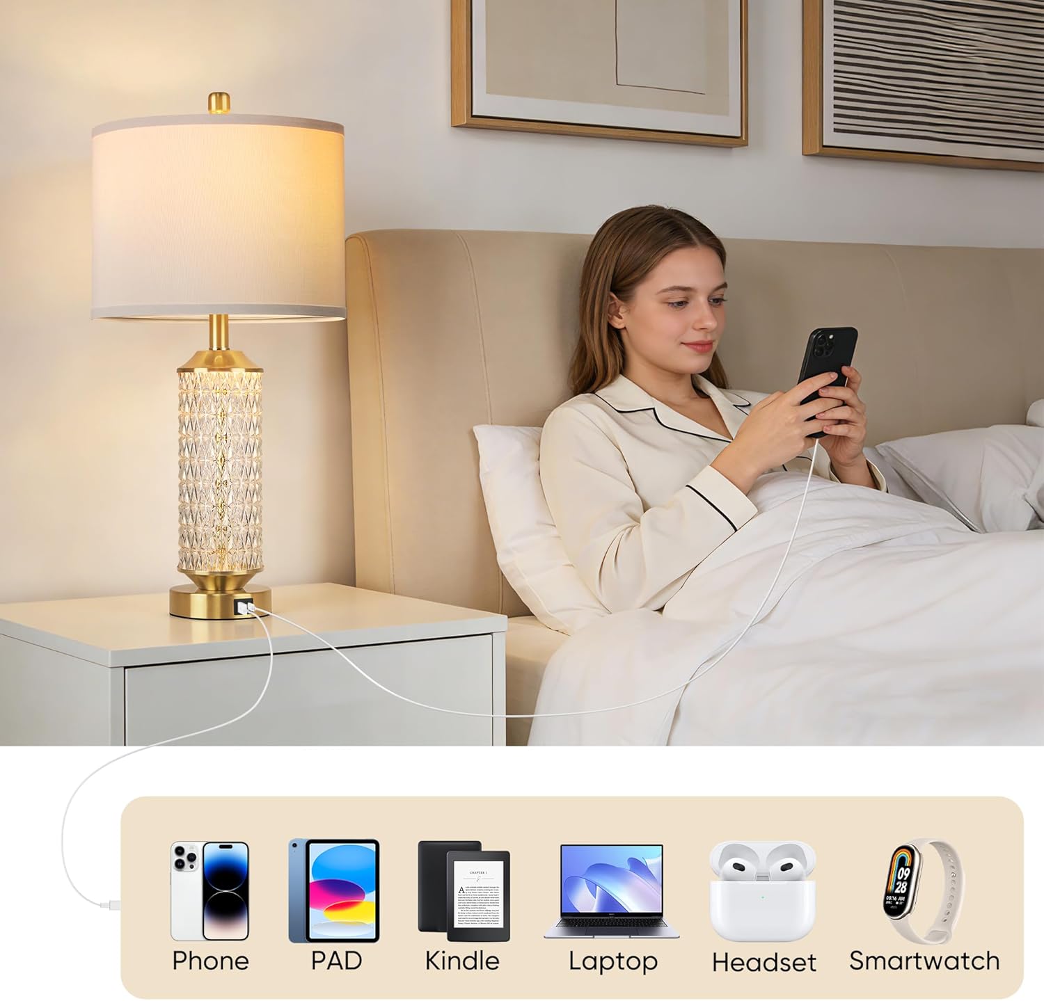 QiMH Gold Lamps for Living Room with LED Night Light,26" Modern Beside Lamps Set of 2 with Linen Shade & USB A+C Ports,Glass Table Lamps for Bedroom, Nightstand, Office, Home Decor(2 Blubs Included)