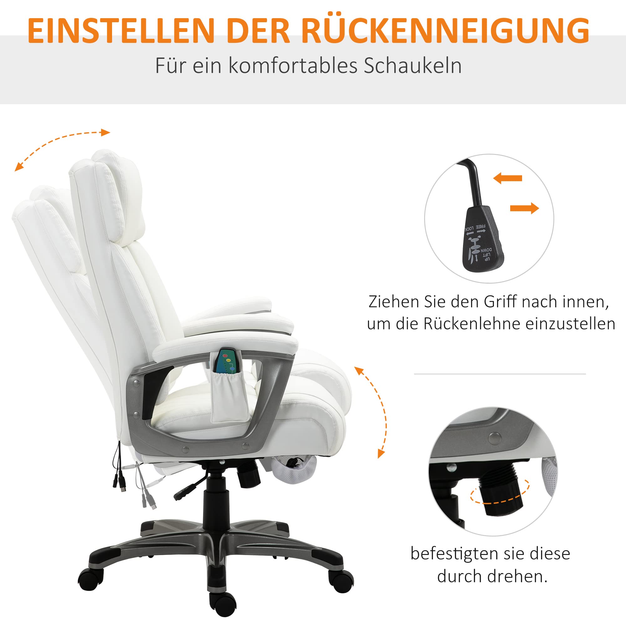 Vinsetto massage bureaustoel 6-punts draaibare massagestoel gemaakt van kunstleer met gebogen hoofdsteun en armsteun wit 70 b x 76,5 d x 114-124 h cm