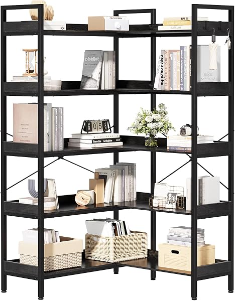KOUSEI 5-Tier Bookshelf Reversible,Corner Bookcase 4 Hooks,65 Industrial Wooden Bookcase