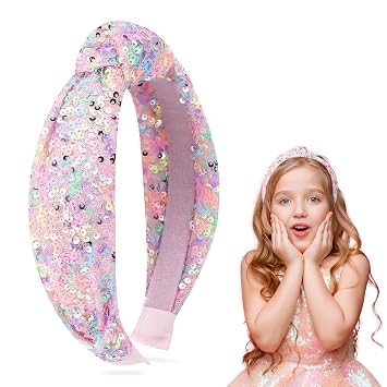 Glitter Knotted Headband for Girls, Wide Sparkly Sequin Little Girl Headbands, Hair Bands Accessories Stocking Stuffers Teen Girl Gifts - Colorful