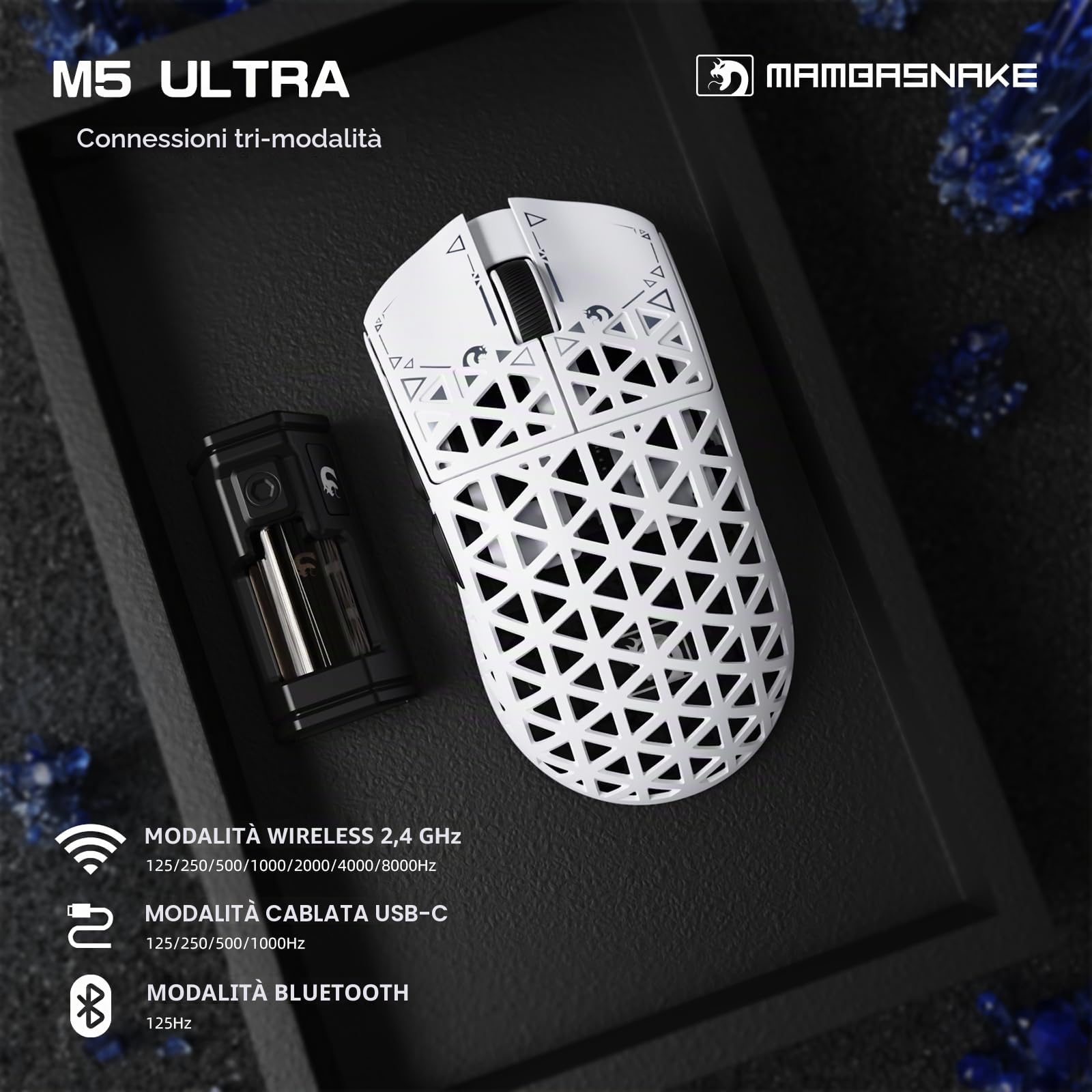 MAMBASNAKE M5 Ultra Carbon Fiber Mouse da Gioco Wireless 8000Hz con Fino a 42000 DPI, 39g Ultraleggero, Sensore PAW3950MAX, Chip Nordic 52840, 2,4GHz Wireless/BT/Cablato, per PC/Xbox/PS/Mac - Bianco A