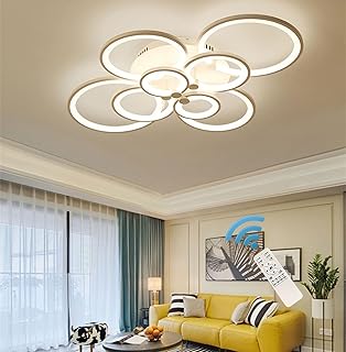 Modern LED Flush Mount Lighting Fixture 100W Dimmable Ceiling Light Lamp with Remote Control Chandeliers for Living Room Dining Kitchen Island Bedroom Office White 8 Rings