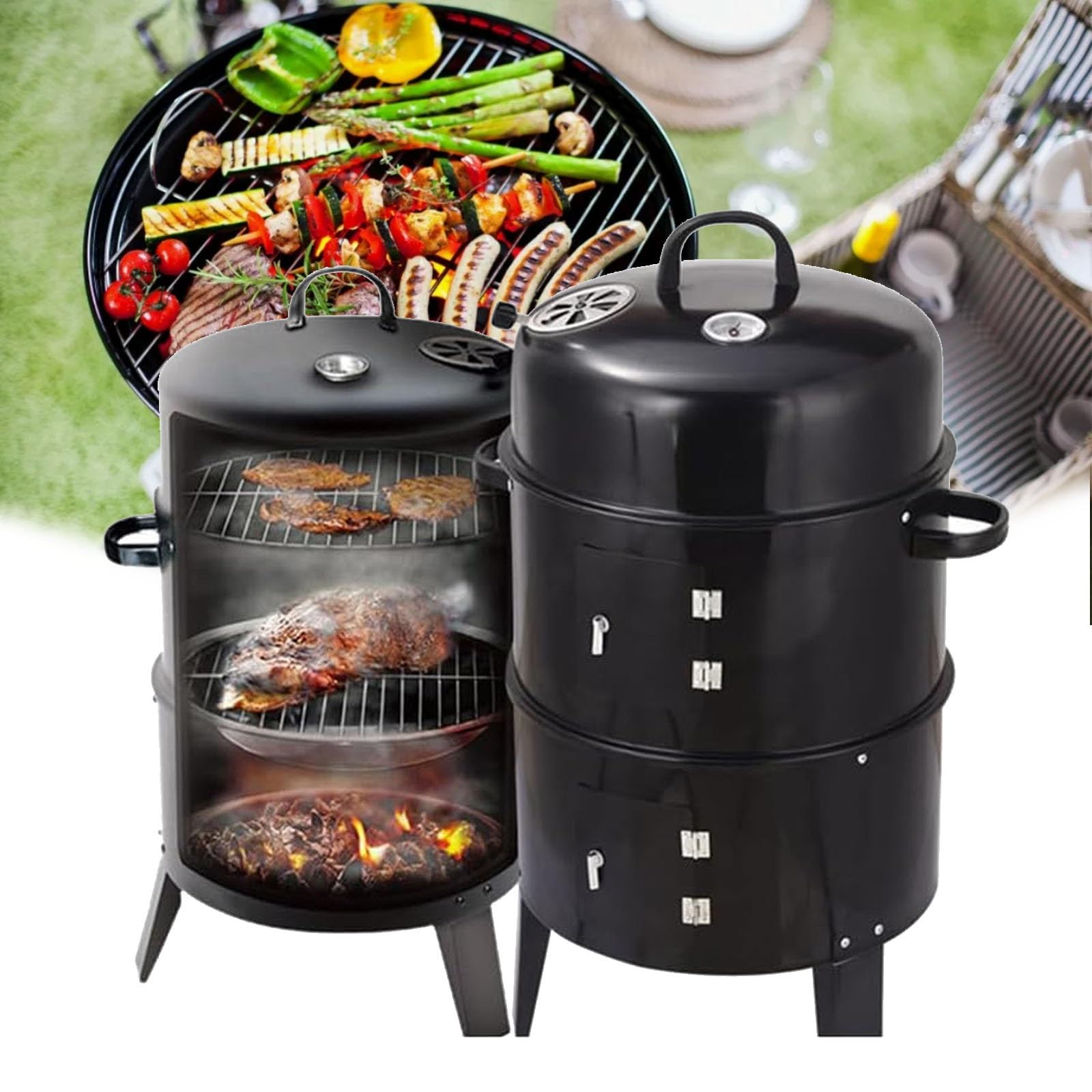 Grill na węgiel drzewny z termometrem, miska ociekowa olejowa, bezdymna konstrukcja zapewnia równomierne ciepło - idealny na podwórko, kemping i tylną klapę