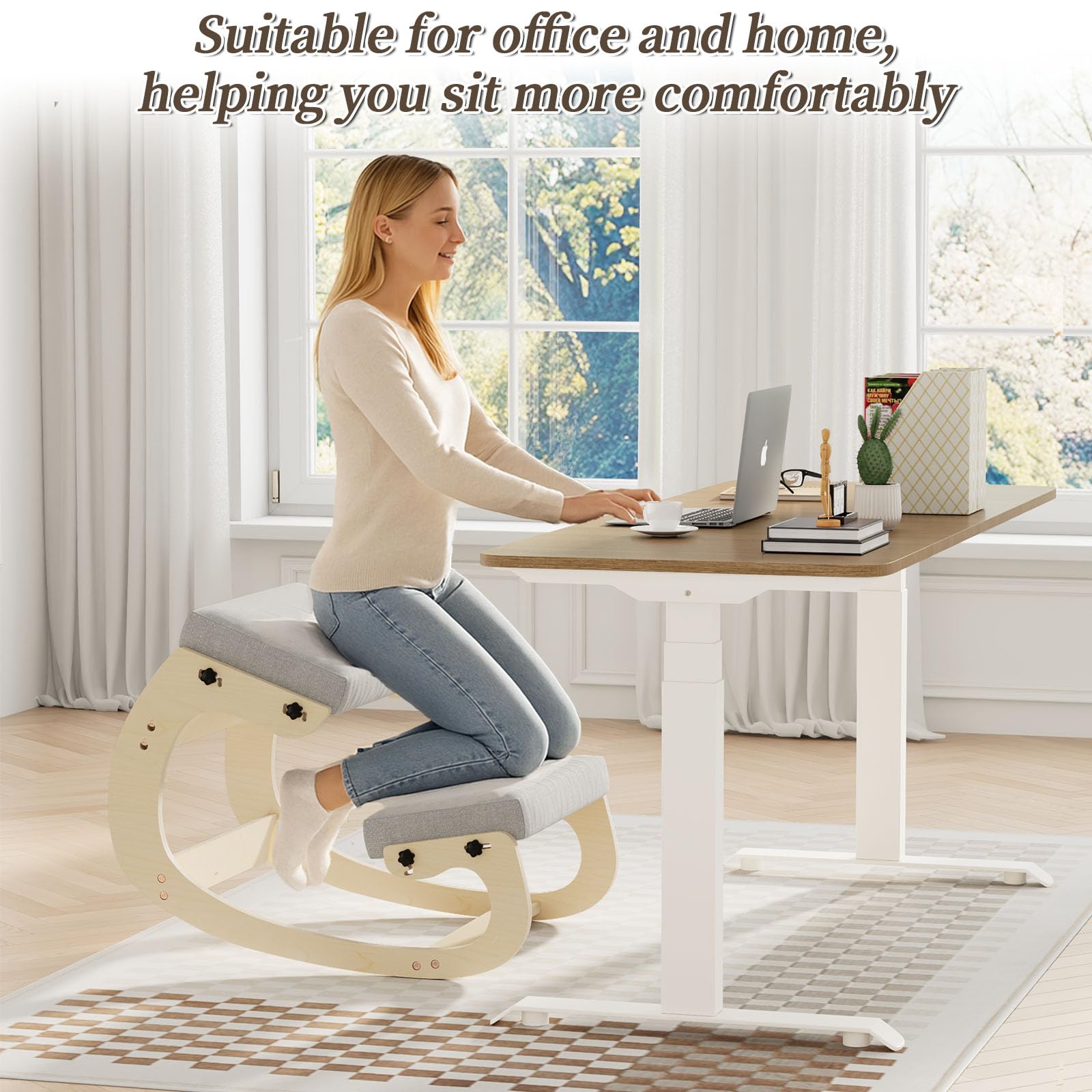 Ergonomischer Kniestuhl mit Schaukelbasis aus Holz – Höhenverstellbarer Haltungstrainer mit dickem Sitzkissen und weicher Knierolle, ideal fürs Homeoffice & gegen Rückenschmerzen