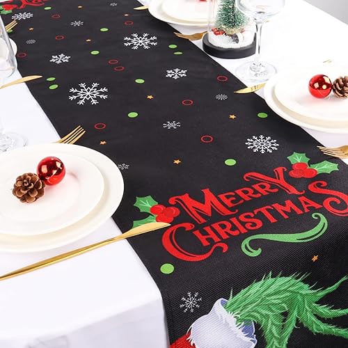 Miniatura 8 de Camino de mesa de Navidad negro de 14 x 72 pulgadas, rústico de casa de campo con temática de feliz Navidad, mantel de elfo para decoración de mesa
