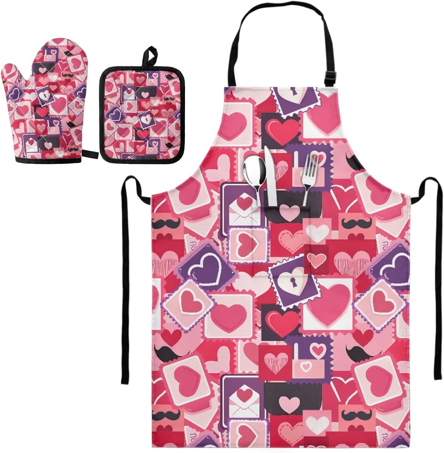 GLENLCWE Pink Valentines Day Cooking Gloves Oven Mitt Set with Potholder and Apron Heat Resistant Oven Mitts and Pot Holders Sets for Baking Microwave