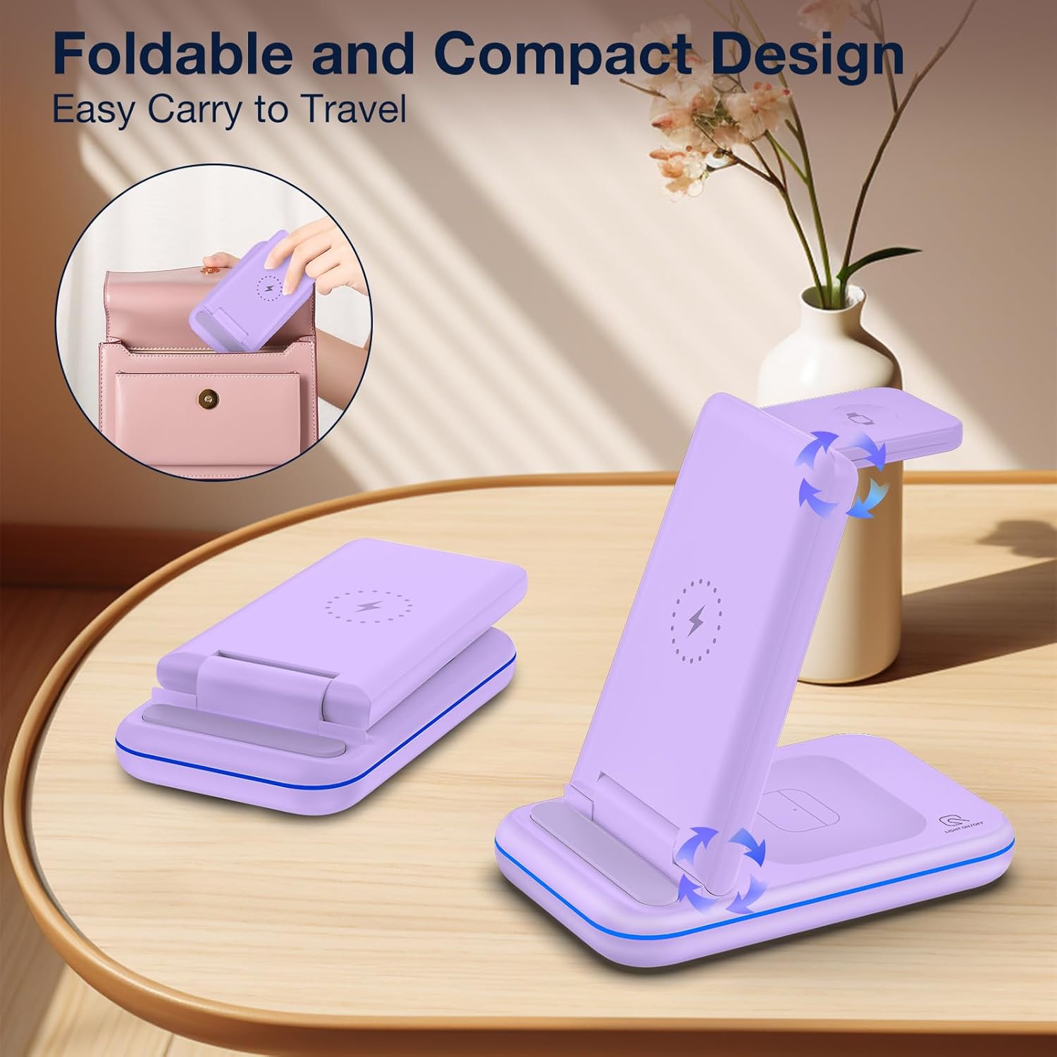 Multi Charger for Samsung, Foldable Charger ONLY for Galaxy Watch Ultra/7/6/5/4/3/Active 2, Travel 3 in 1 Fast Charging Station/Dock for Samsung S24/S23/S22/S21/S20/Note 20, for Buds 3/2 Pro(Violet)