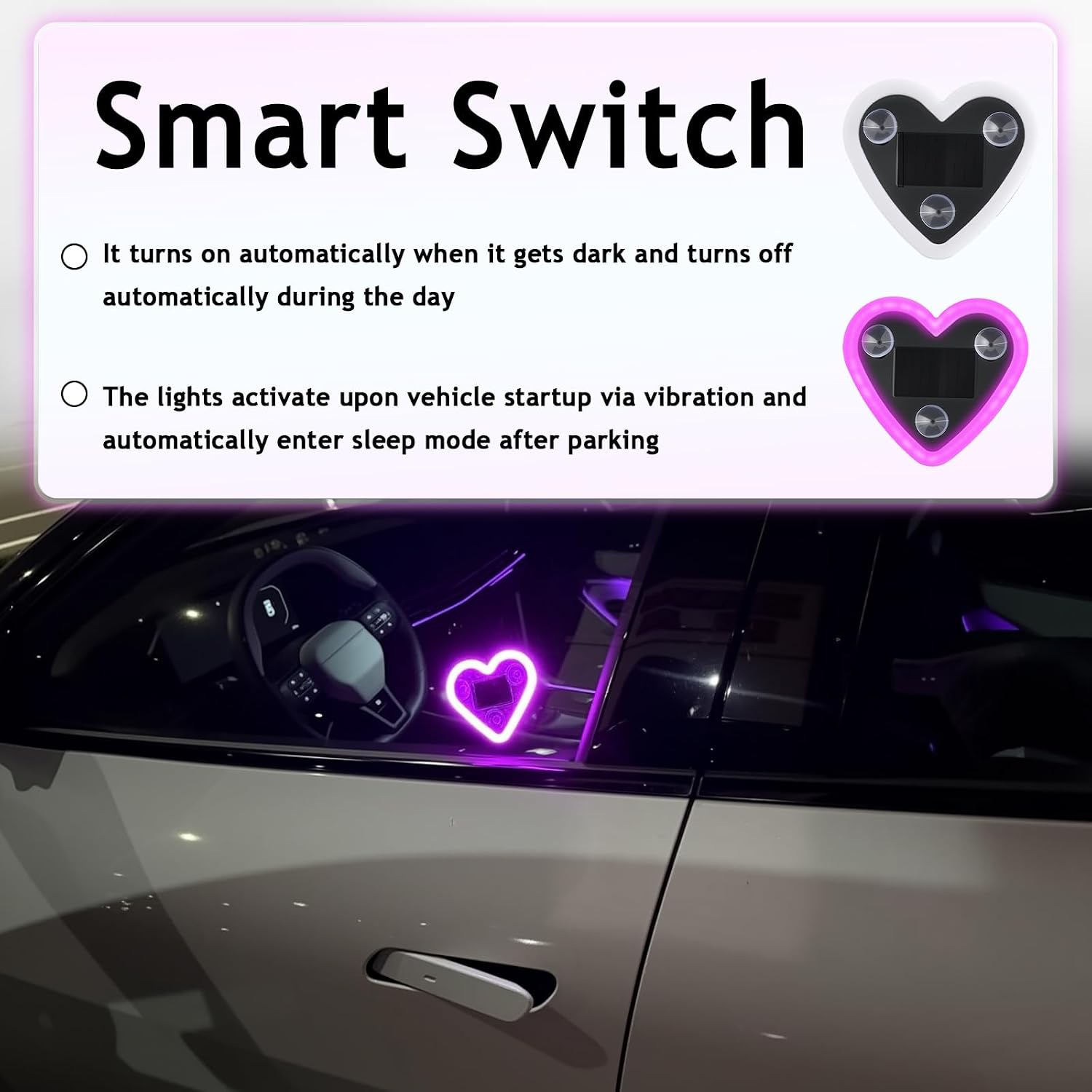 Solar Powered Heart Shape Car LED Lights,Wireless Ambient Lighting Car Interior with 5 Modes,Dual Sensor (Light & Vibration) Neon Lights for Cars,SUVs,Trucks for Night Driving (Pink)