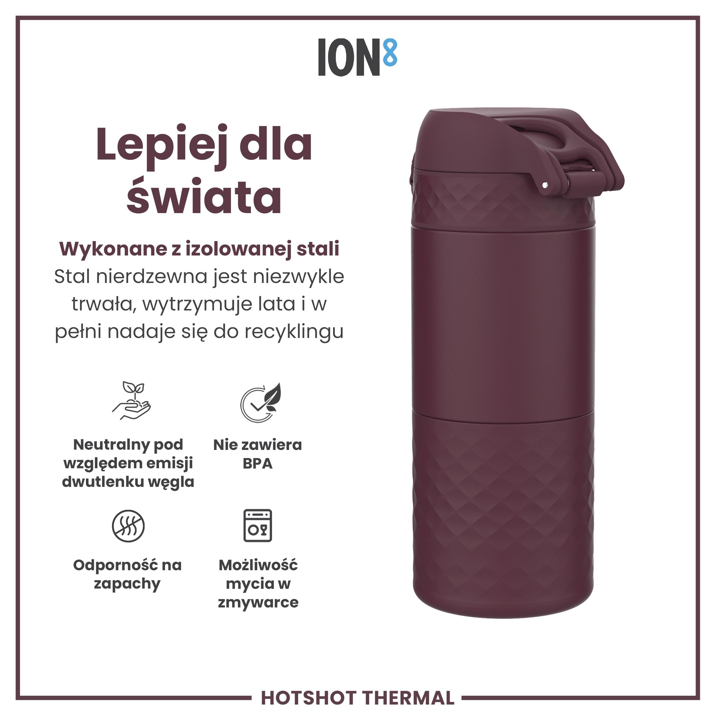 ION8 Izolowany Kubek Podróżny, Szczelny, Potrójny Zamek Bezpieczeństwa, Bezpieczny w Transporcie, Higieniczna Osłona, Łatwy do Czyszczenia, Idealny w Drodze, Ze Stali Nierdzewnej, Jeżyna