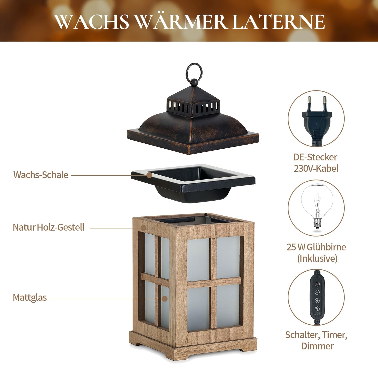 Elektrische Duftlampe für Wachs mit Timer: Holz Candle Warmer Tischlampe für ätherische Öle Duftkerze Duftöl Raumduft Wohnung Deko landhausstil