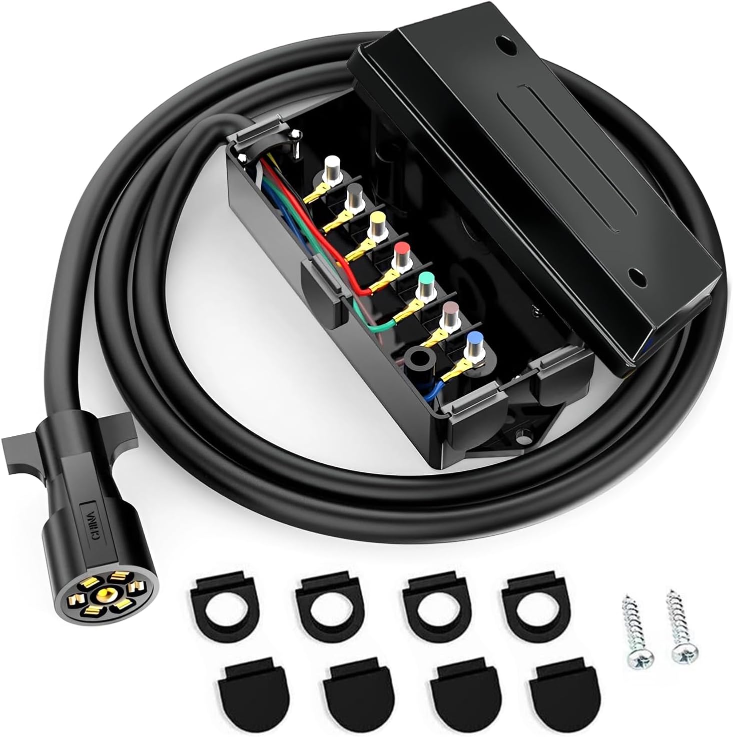 AveneMark Heavy Duty Double Brass Contact 7 Way Trailer Plug with 7 Gang Weatherproof Junction Box,8 Feet Connector Cable Wiring Harness,Suitable for RV Campers Caravans Trucks