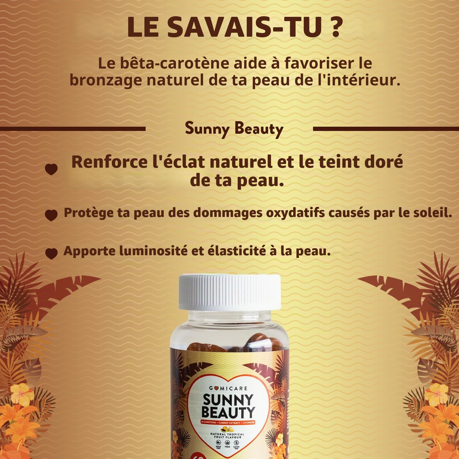 Gummies Solaire Autobronzant au Beta Carotene, Astaxanthine, Luteine, Lycopene et Cuivre – Gummies (Bonbons) Bronzage pour une Peau Dorée et Protegee – 60 unités – Sans Sucre – Sans Gluten