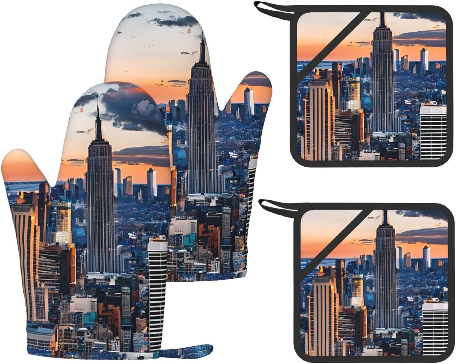 New York City 4pcs Oven Mitts and Pot Holders Sets for Kitchen, Silicone Oven Gloves Non-Slip Potholders Hot Pads for Baking Cooking