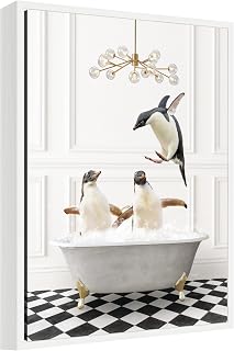 Kate and Laurel Penguins in Lux Bathtub Framed Canvas Wall Art by Amy Peterson 18 x 24 Sylvie White, Whimsical, Animals, Bathroom Art for Wall Decor, Living Room, Bedroom