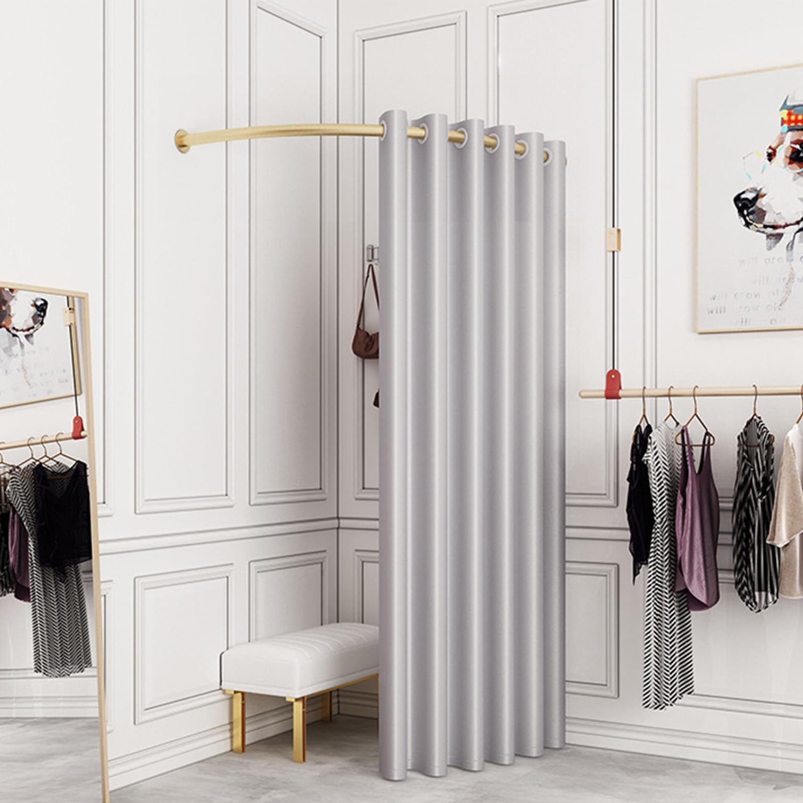 LOYALHEARTDY Clothing Store Fitting Room,Clothing Store Fitting Room with Grey Privacy Shading Curtain,C-Dressing Corner Wall Mounted Changing Room for Privacy Protection for for Retail Cloth Store