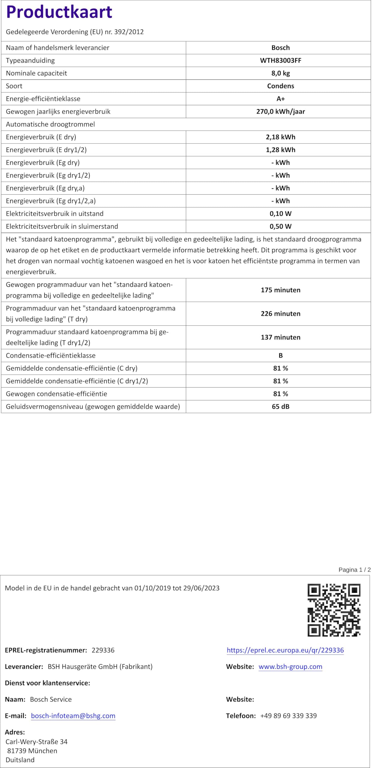 Bosch électroménager WTH83003FF Sèche-linge frontal pompe à chaleur Série 4 - AutoDry - Pose libre - 8 kg - Blanc