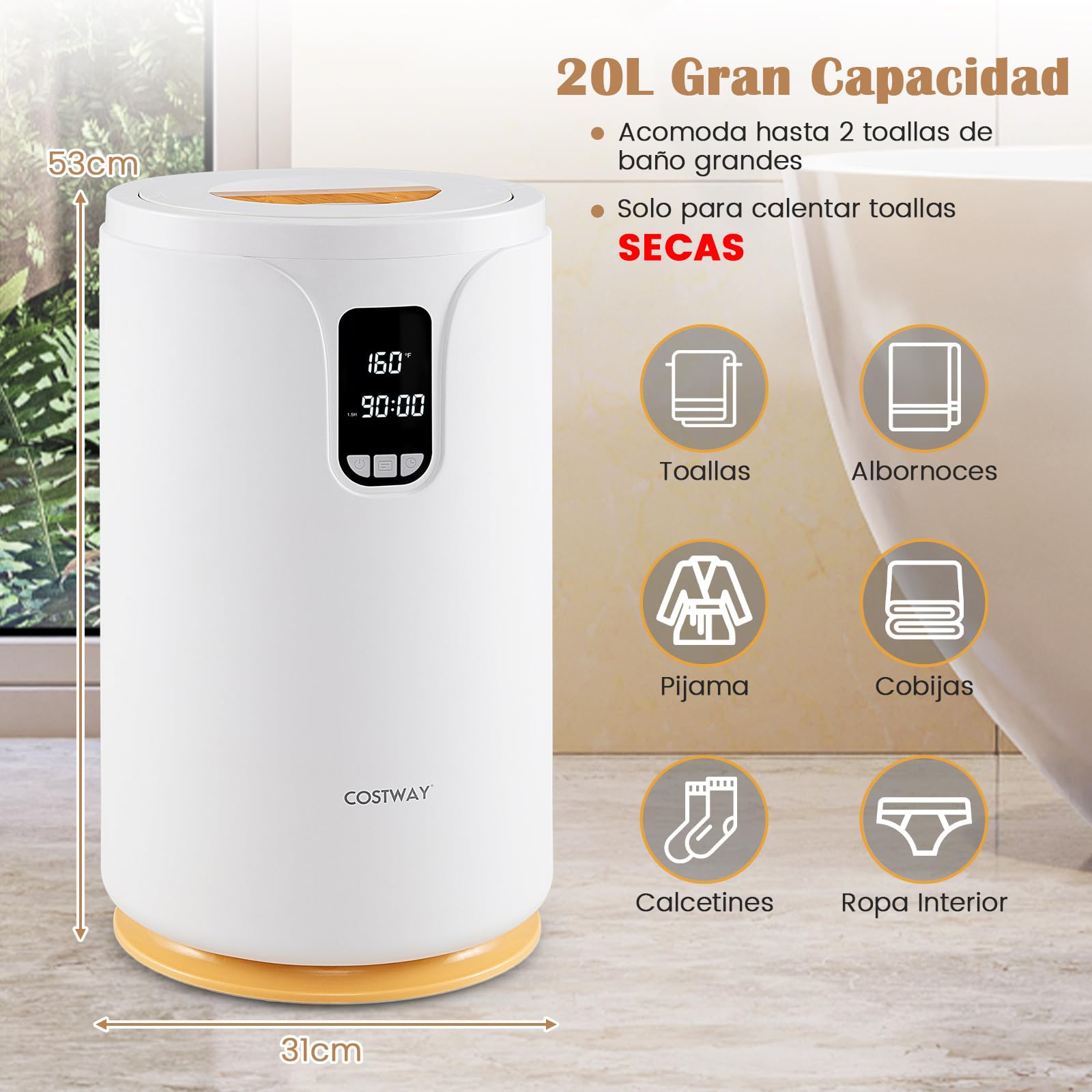 COSTWAY 20L Cubo Calientatoallas con Luz LED, Calentador de Toallas para Baño con Temporizador de 0,5-24H, Calentamiento de 30/60/90 Min, Bloqueo Infantil, Calentador de Mantas para Mantas, Pijamas