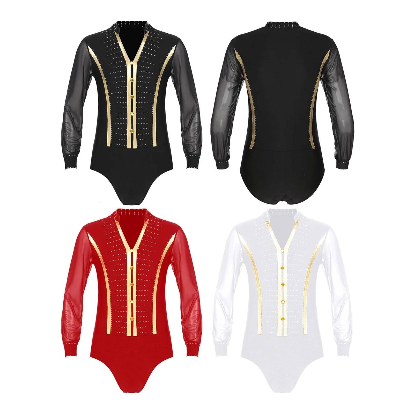 Hombre Camisa De Danza Camisa de baile latino con diamantes de imitación for hombre, mono, trajes de baile de salón, cha cha rumba, mono de manga larga, ropa de práctica latina(Black,M)