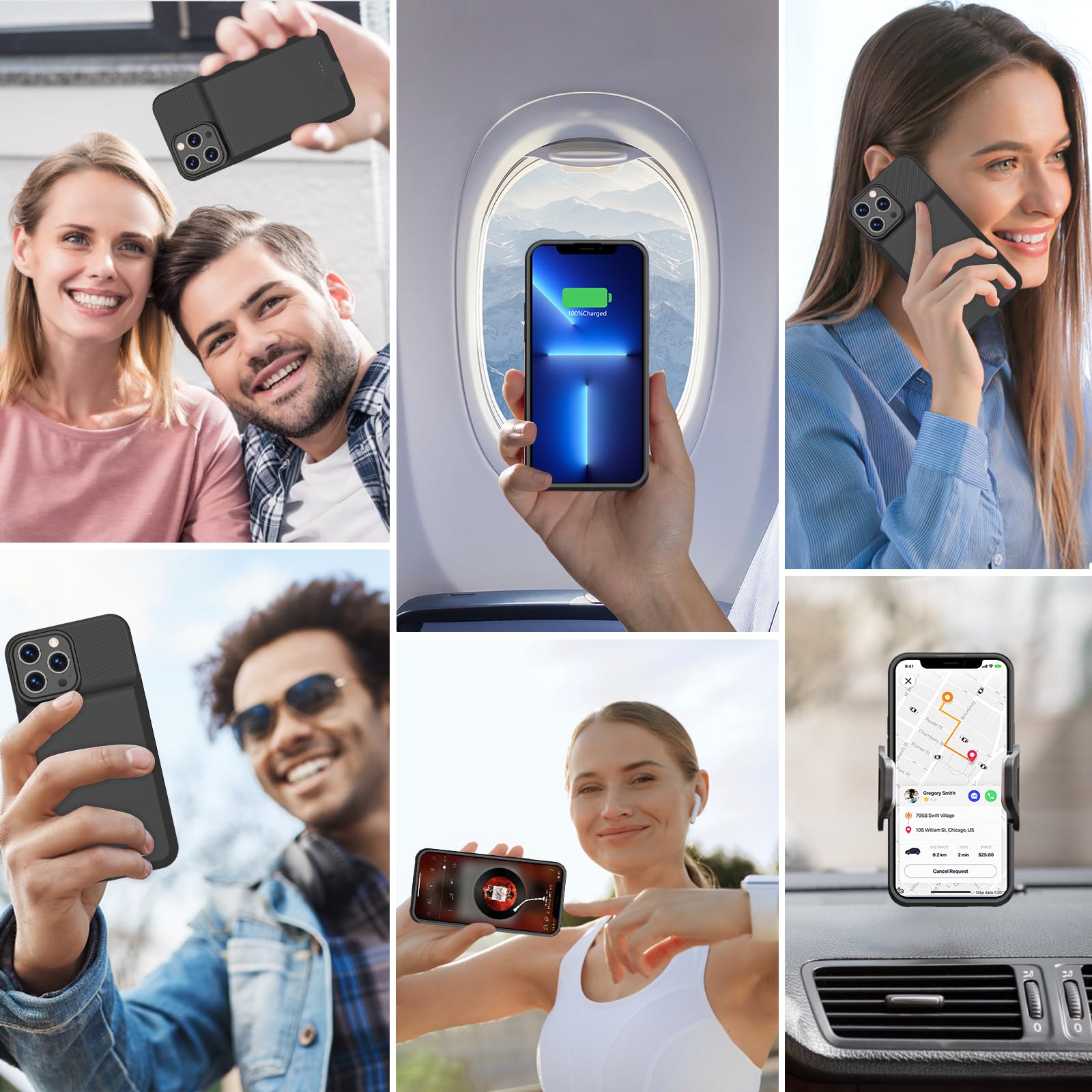 BOPPS Funda de batería para iPhone 13/13 Pro/14/14 Pro, 7000 mAh, funda de cargador portátil recargable, protección antideslizante de TPU suave para iPhone 13, 13 Pro, color negro