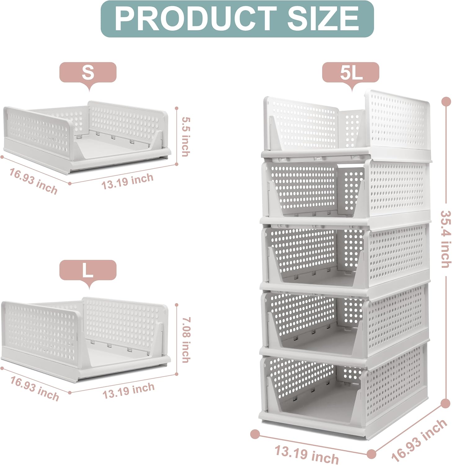 5 Pack Stackable Foldable Storage Baskets - Folding Storage Bins, Multifunctional Closet Organizers for Wardrobe, Cupboard - Space-Saving Clothes Storage Hat Organizer (White, 5L)