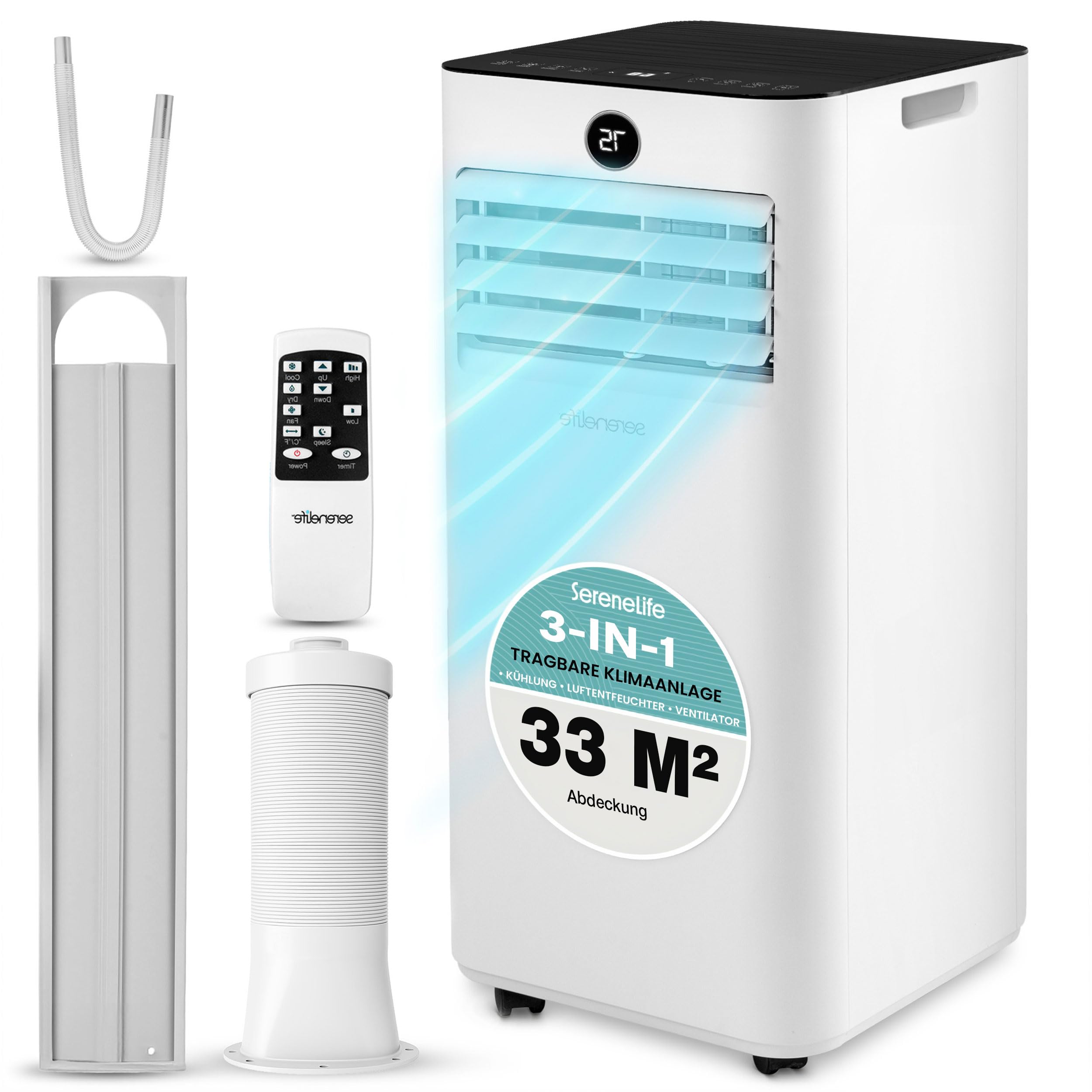 SereneLife Mobiles Klimagerät 9000 BTU 2,64 kW für 31 m² – Air Conditioner mit Abluftschlauch, 3-in-1 Entfeuchter & Ventilator, Leise 55 dB, Fensterkit, Fernbedienung, Für Zuhause, Büro