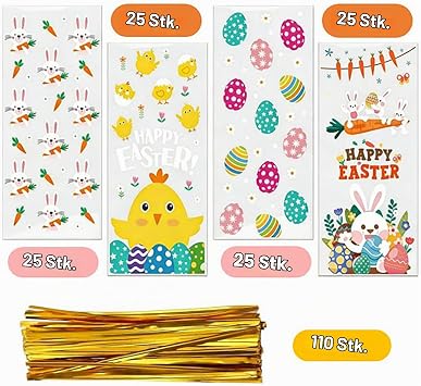 YUNNINGMENG 100 x Easter cookie bags 100 cellophane bags Easter with 110 gold ribbons 4 Easter motifs transparent baking bags for biscuits sweets chocolate nuts