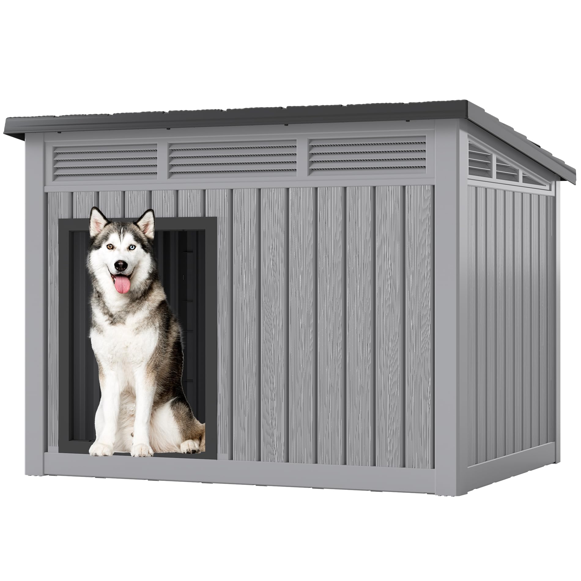 Fancyango Outdoor Dog House for Large Dogs, Outside Dog House with Weatherproof Roof, XL Dog House (Deep Grey, 42.8" L x 33" W x 31.5" H)