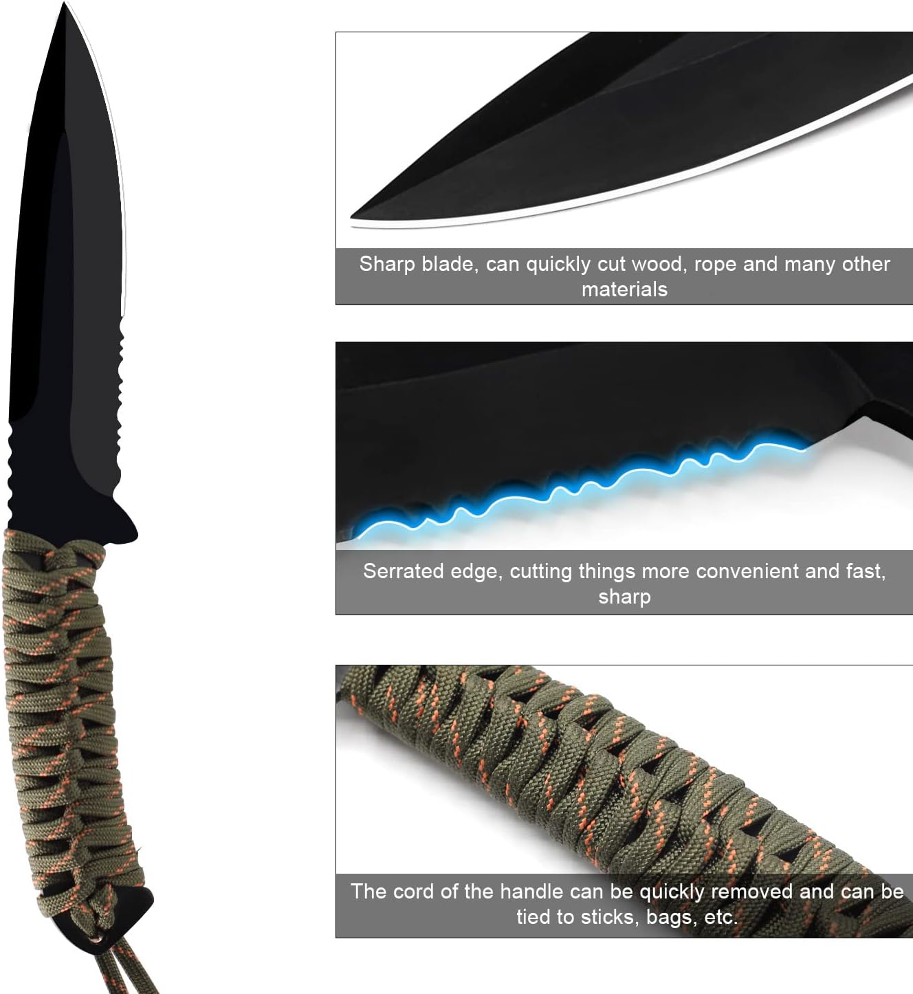 EMHTiii Camping Fixed-Blade Survival Knife - 9in Full Tang Outdoor Knives, 5in Blade with Serrated Edge and Rope Handle, Black : Sports & Outdoors