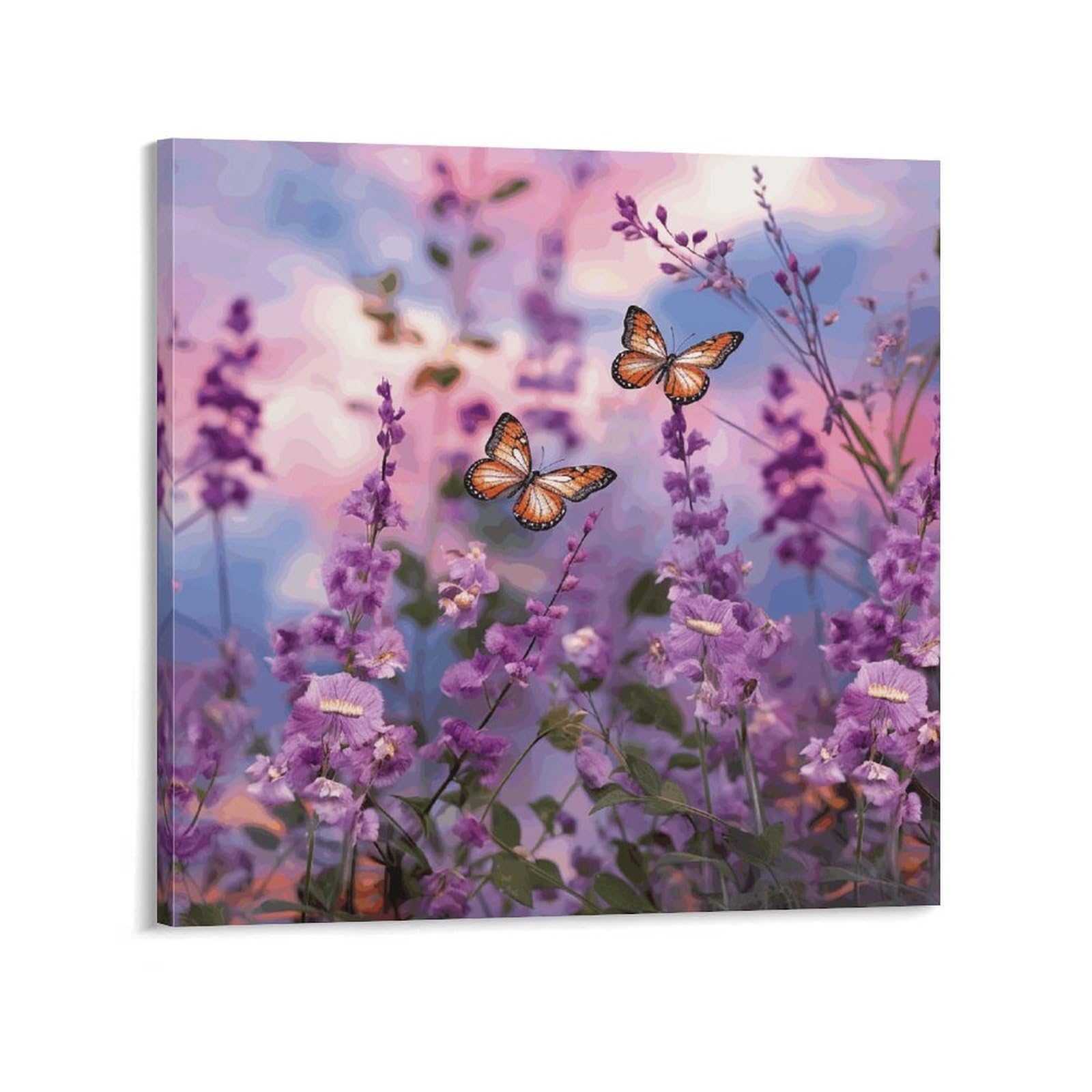 KLOPH Lavender with Butterflies And Flowers Canvas Wall Art for Living Room 08x8inch Modern Artwork Painting for Bathroom Hanging Canvas Prints Aesthetic Wallart for Bedroom Kitchen Office Wall Dec