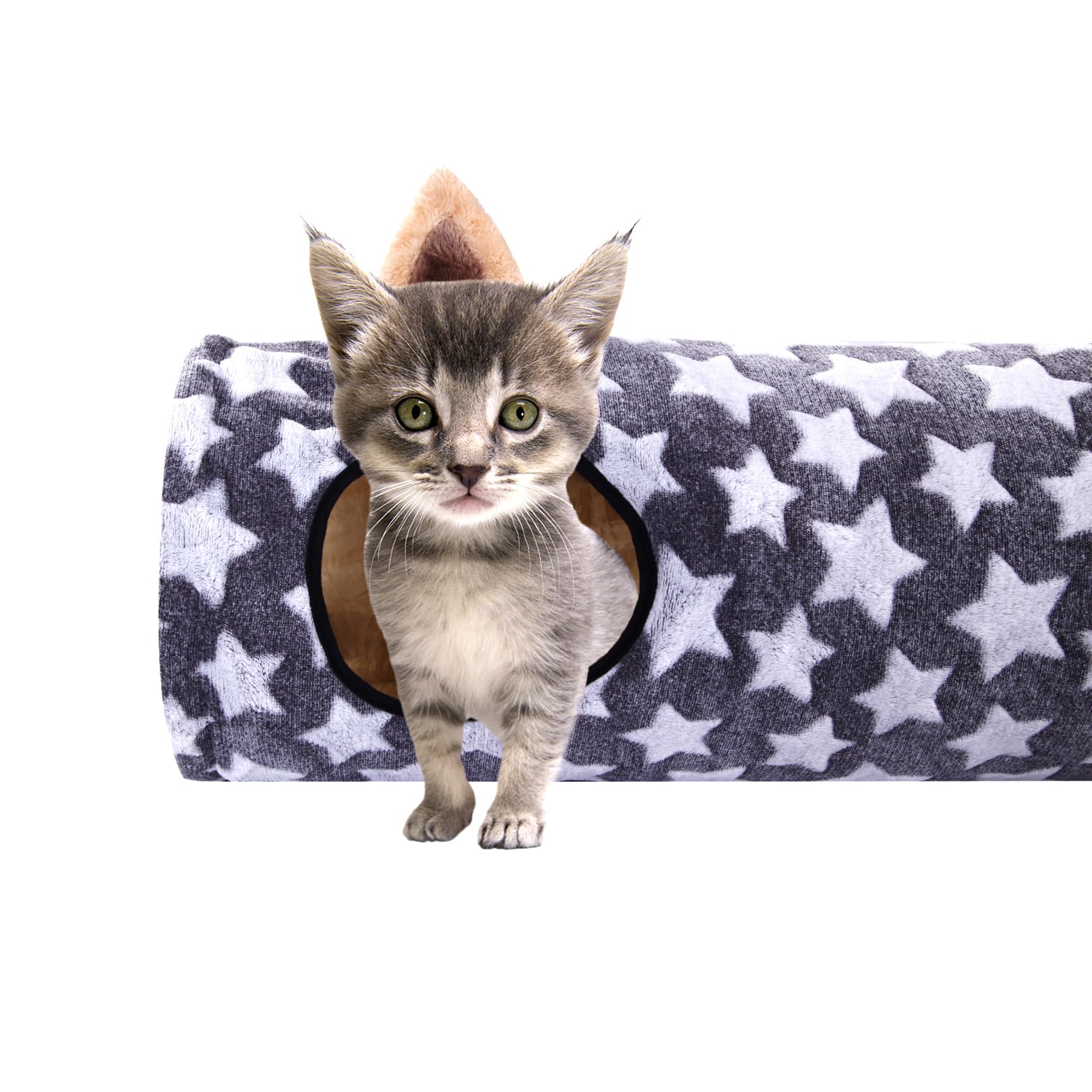 Giocattolo a tunnel per gatti pieghevole con palline di peluche e orecchie carine, per piccoli animali domestici, coniglietti, gattini, furetti, cuccioli e cani, grigio, stella