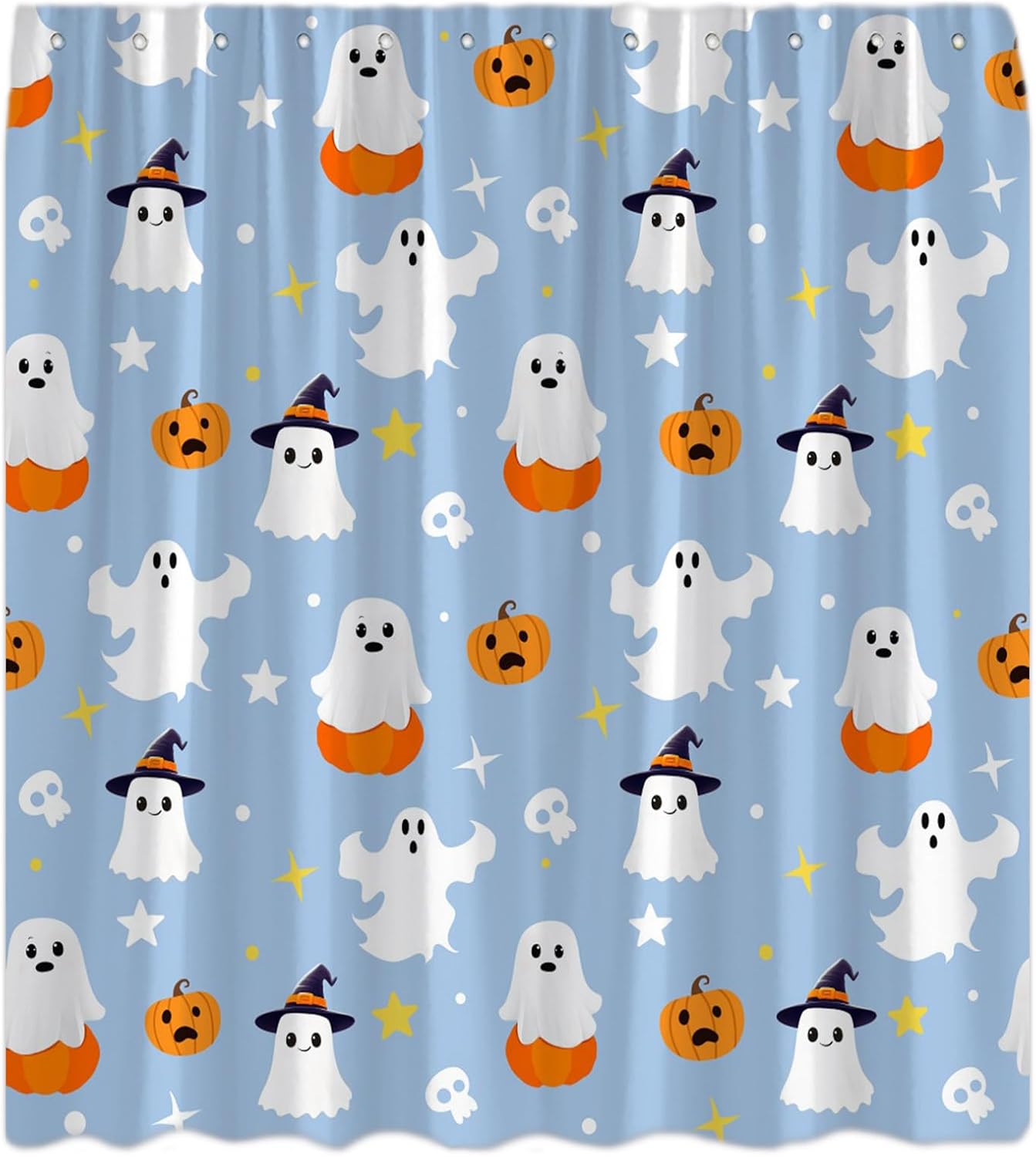 Orange Halloween Shower Curtain Cute Ghost Spooky Pumpkin Horror Skull Funny Cartoon Skeleton Gothic Scary Bathroom Curtain with Hooks