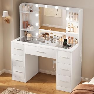 TEENFON Vanity Desk with Glass Desktop & 7 Large Drawers, Makeup Vanity with 4 Open Shelves & Power Strip, Vanity Desk with Mirror and Lights, Dressing Table with 5 Jewelry Hooks for Bedroom, White