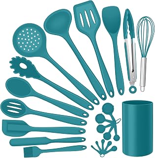 Silicone Kitchen Utensils Set, E-far 23 Pcs Blue Cooking Utensils Tools with Holder for Nonstick Cookware, Include Spatula/Spoon/Ladle/Tongs/Turner, Heat Resistant & Nontoxic, Dishwasher Safe
