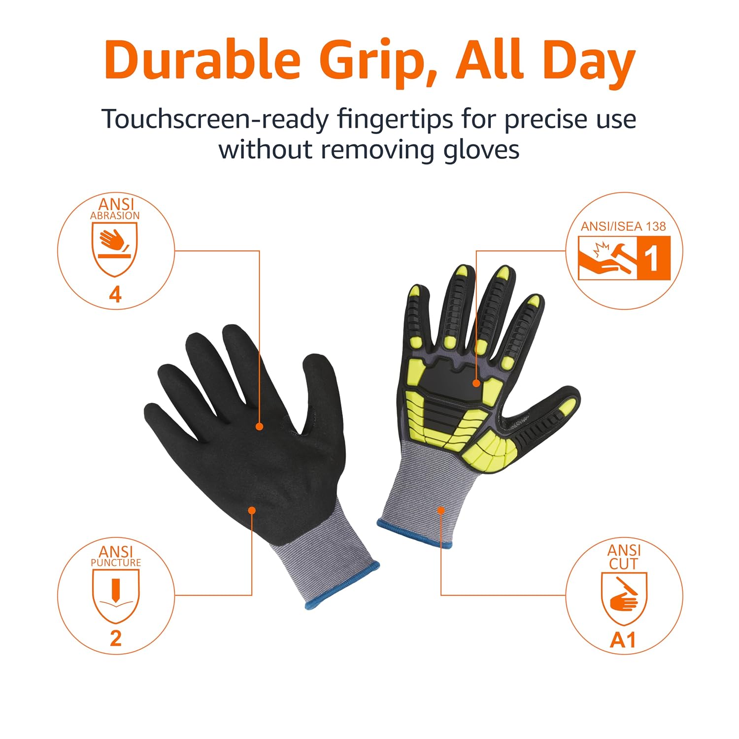 Amazon Basics Cut Level A1, Abrasion ANSI Level A4, Impact Resistant Safety Work Gloves, Touch Screen Friendly, Sandy Nitrile Coated Palm, Yellow, Size X-Large, 120-Pack