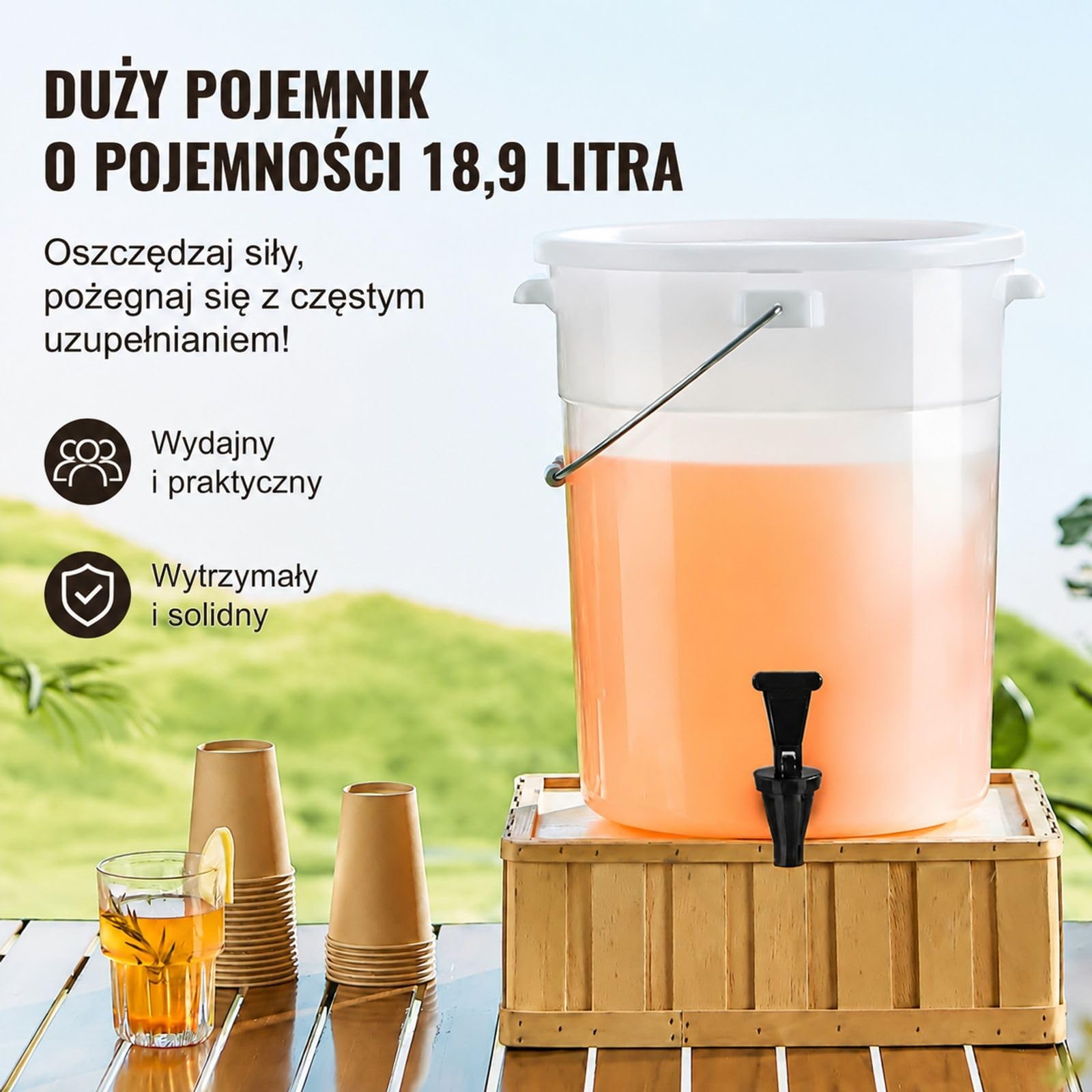 Zestaw 2 szt dozownik napojów 19 L z tworzywa z kranikiem i pokrywą do soku lemoniady herbaty lodowej wody restauracji hoteli przyjęć